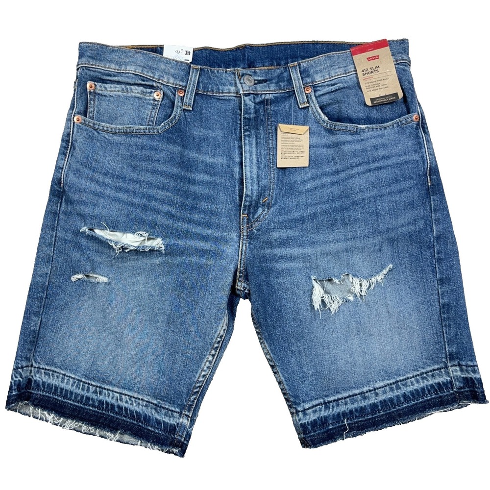 Levis 412 Shorts Men 36 Slim Fit Blue Jean Jorts Med Wash Faded Distressed Hole